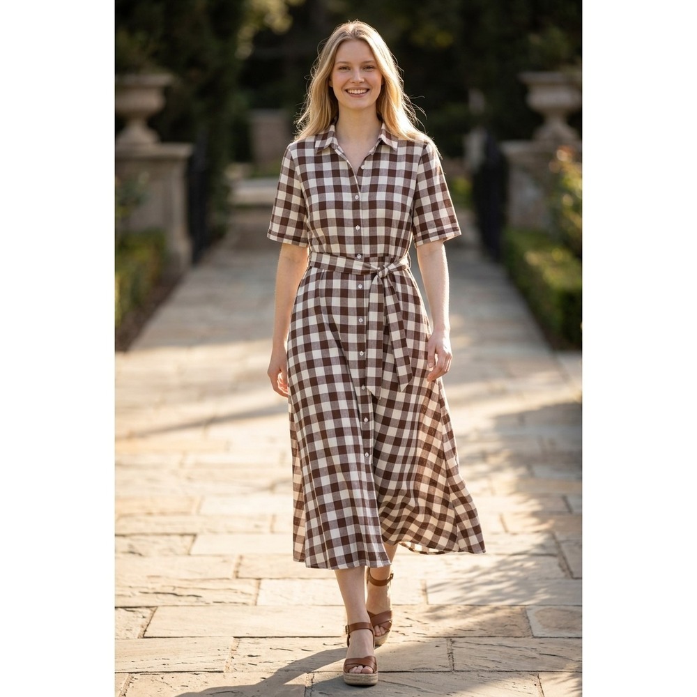 NWT Chartou Gingham Cottagecore Cotton Shirt Dress Midi Button Front Peasant S